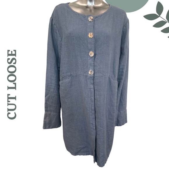 Cut Loose Blue Button-Front Linen Jacket Front Pockets Drawstring Back Large - Picture 1 of 9
